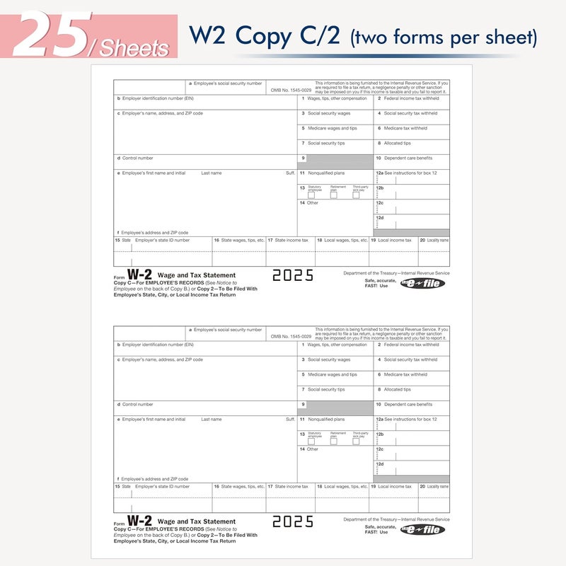 Rsgift W2 Forms 2025 with Envelopes,6 Part W-2 Tax Forms 2025, 6-Part W-2 Forms with 25 Self-Seal Envelopes, Laser Forms Designed for Accounting(W2 6 Part 25 with Envelopes) - Image 4